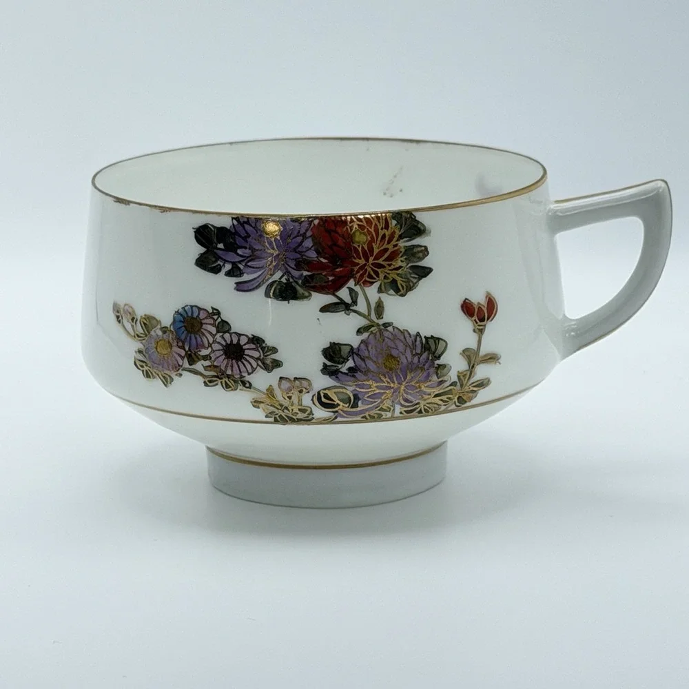 Vintage Kutani Style Kyoto Japan Tea Set 4 Cups Snack Trays Eggshell Gold Floral
